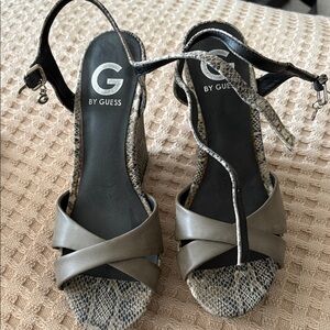 G by Guess Taupe Gray Snake-Print Wedge Sandals